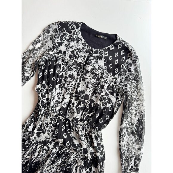 MASSIMO DUTTI Black White Floral Silk Crepe A-Line Midi Dress, Size 6 - Picture 6 of 16